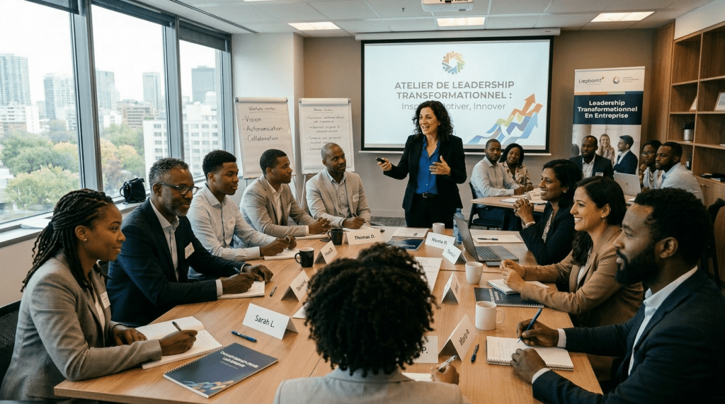 Group of professionals participating in a leadership transformation workshop